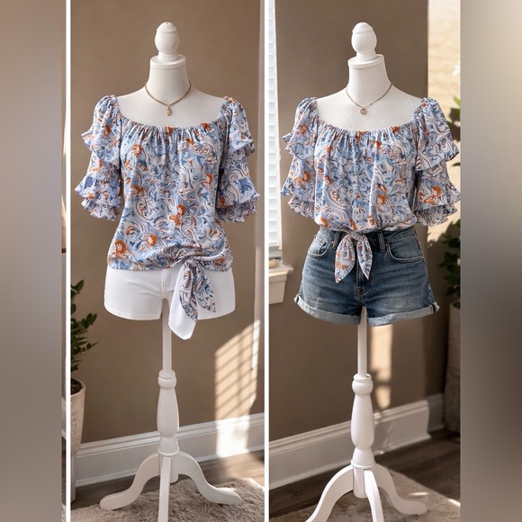 CeCe Paisley woman’s Blouse - Light Blue and Orange large - Picture 2 of 7